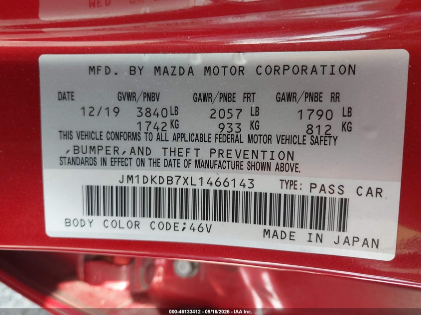 MAZDA CX-3 2020 VIN JM1DKDB7XL1466143