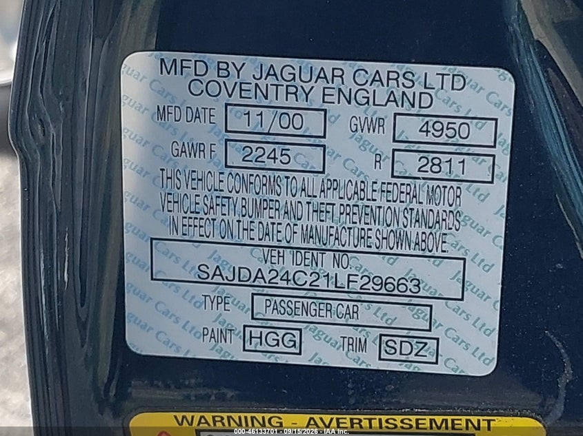 JAGUAR XJ8 2001 VIN SAJDA24C21LF29663