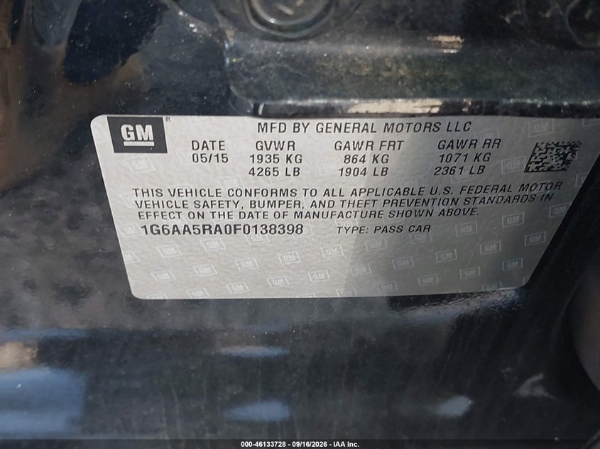 CADILLAC ATS 2015 VIN 1G6AA5RA0F0138398
