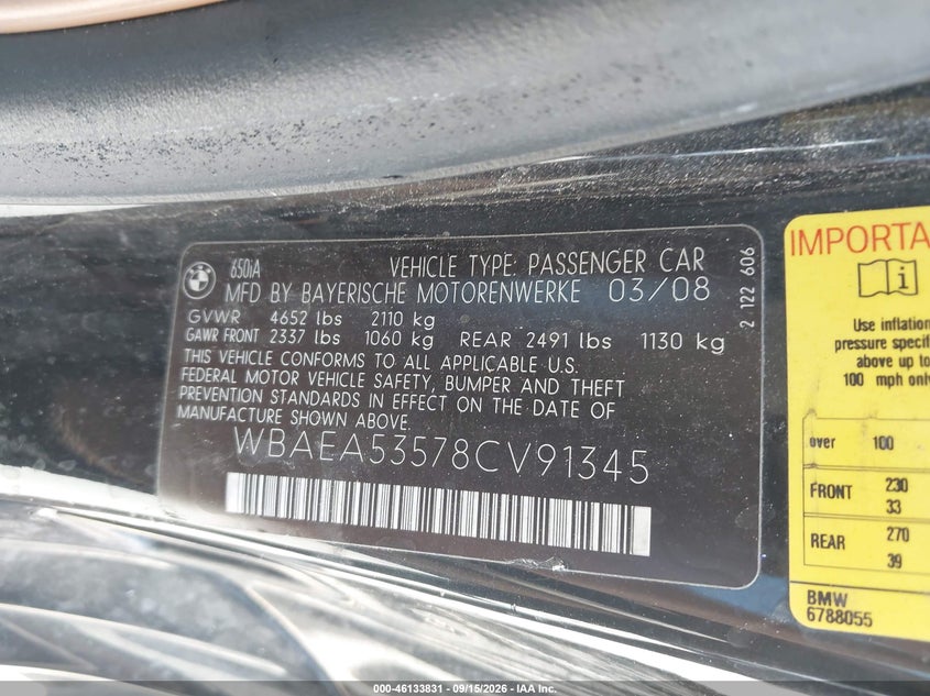 BMW 650I 2008 VIN WBAEA53578CV91345