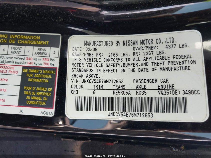 INFINITI G35 2006 VIN JNKCV54E76M712653