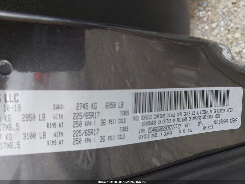 DODGE GRAND CARAVAN 2019 VIN 2C4RDGBG5KR777717