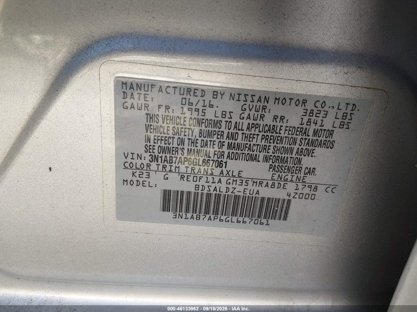 NISSAN SENTRA 2016 VIN 3N1AB7AP6GL667061