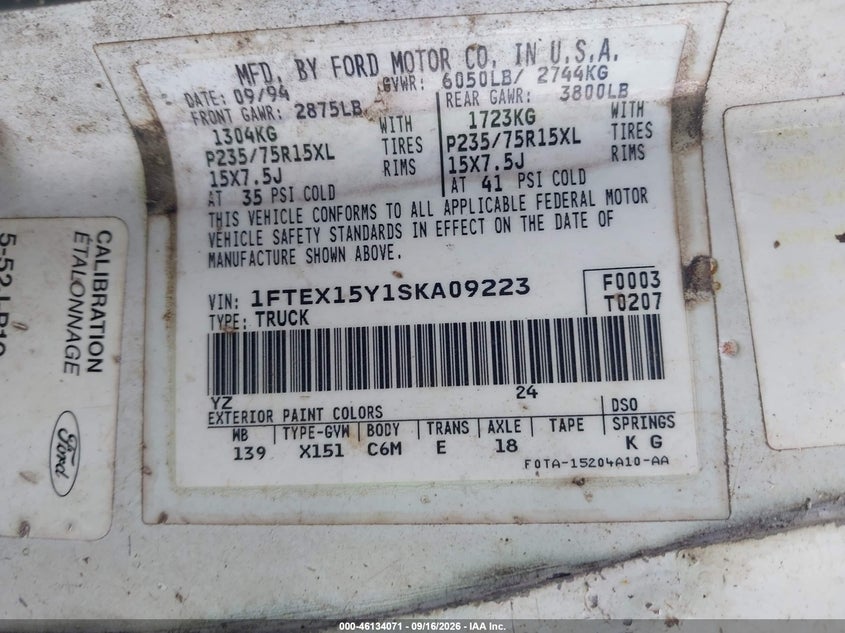 FORD F150 1995 VIN 1FTEX15Y1SKA09223