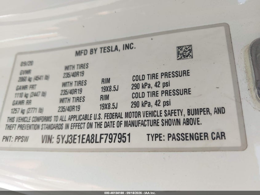 TESLA MODEL 3 2020 VIN 5YJ3E1EA8LF797951