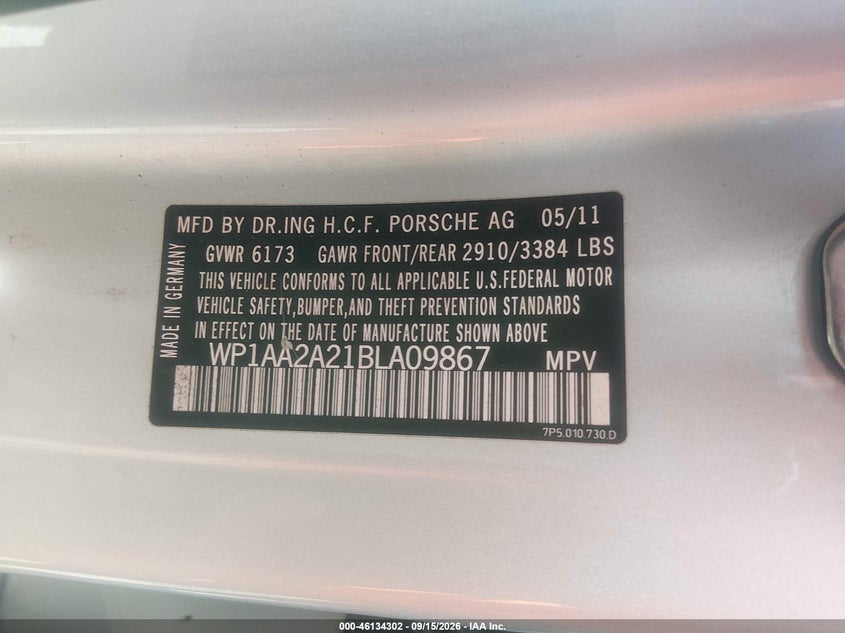 PORSCHE CAYENNE 2011 VIN WP1AA2A21BLA09867