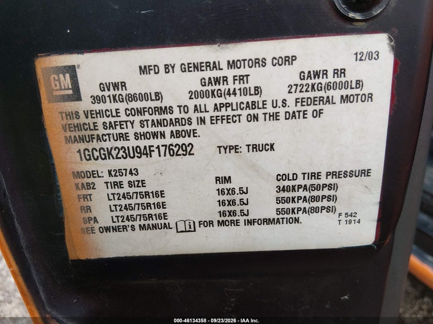 CHEVROLET SILVERADO 2500 2004 VIN 1GCGK23U94F176292