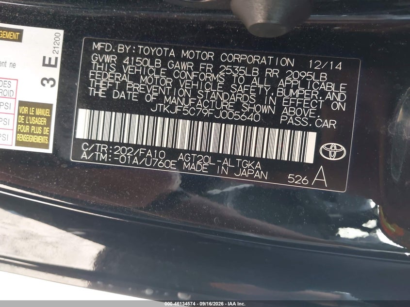 SCION TC 2015 VIN JTKJF5C79FJ005640