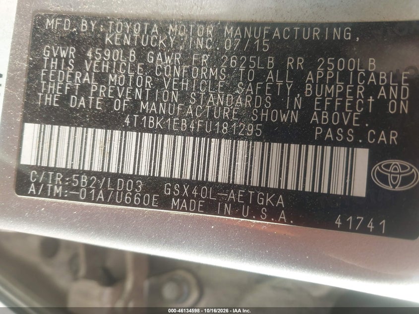 2015 TOYOTA AVALON VIN 4T1BK1EB4FU181295 — фото 9