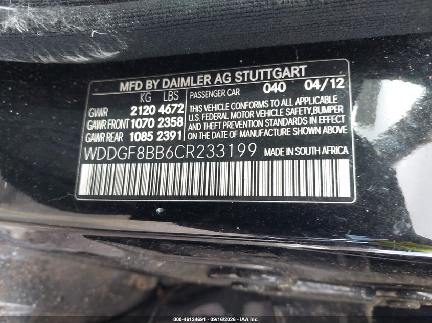 MERCEDES-BENZ C 300 2012 VIN WDDGF8BB6CR233199