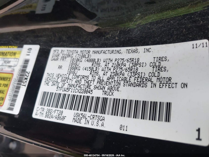 TOYOTA TUNDRA 2012 VIN 5TFUW5F11CX220045