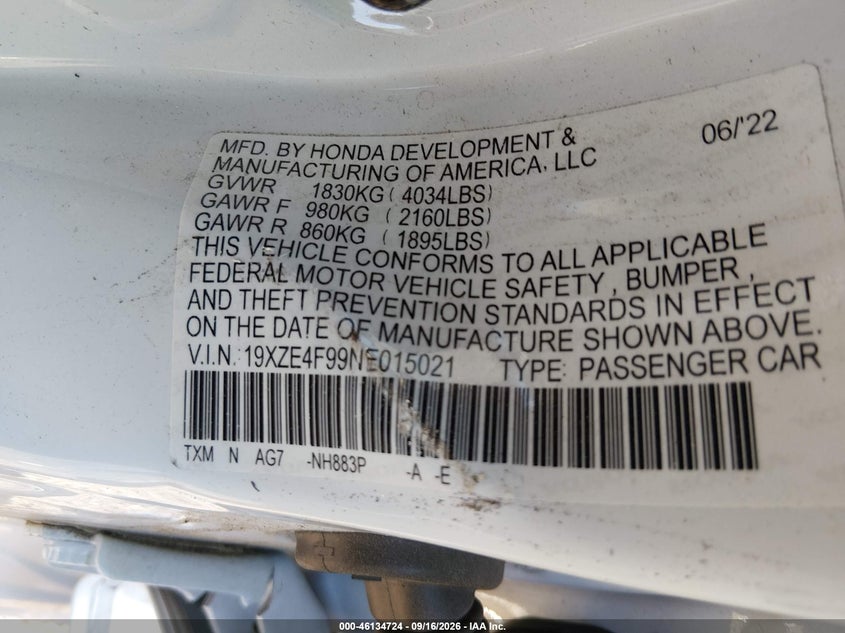 HONDA INSIGHT 2022 VIN 19XZE4F99NE015021