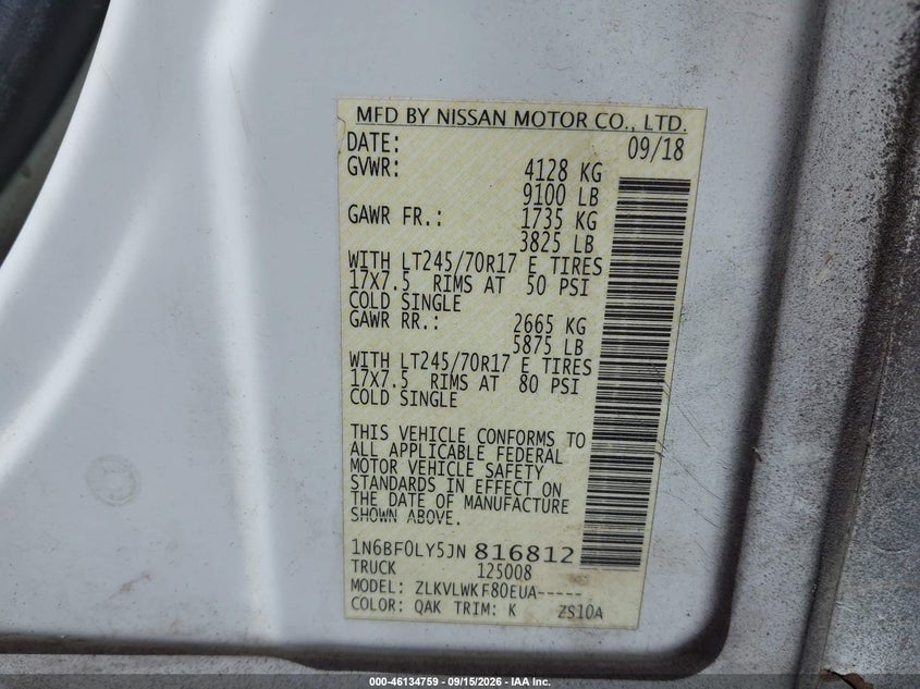 NISSAN NV CARGO NV2500 HD 2018 VIN 1N6BF0LY5JN816812