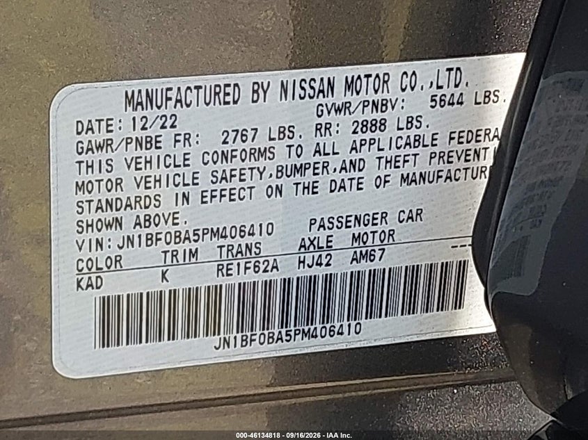 NISSAN ARIYA 2023 VIN JN1BF0BA5PM406410