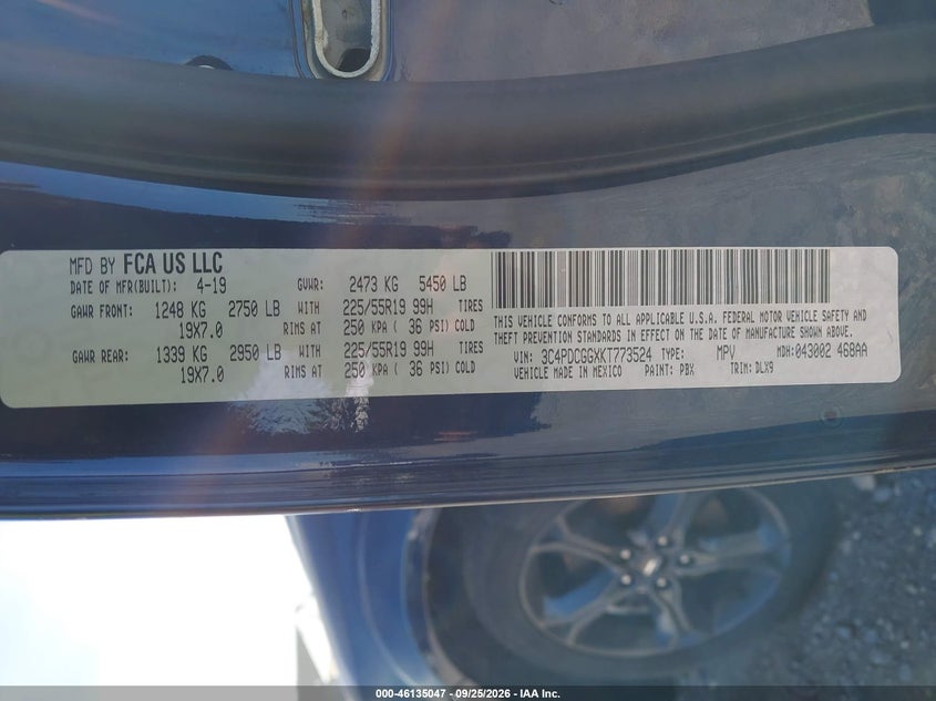 DODGE JOURNEY 2019 VIN 3C4PDCGGXKT773524
