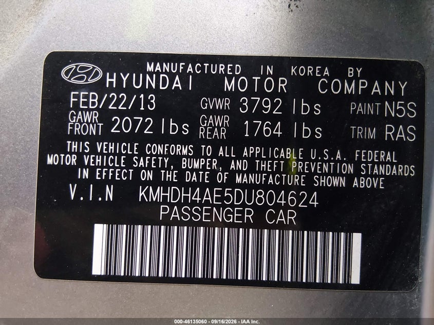 HYUNDAI ELANTRA 2013 VIN KMHDH4AE5DU804624