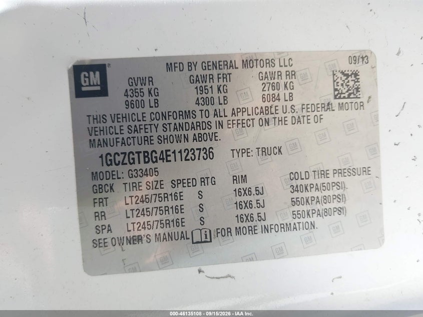 CHEVROLET EXPRESS 3500 2014 VIN 1GCZGTBG4E1123736