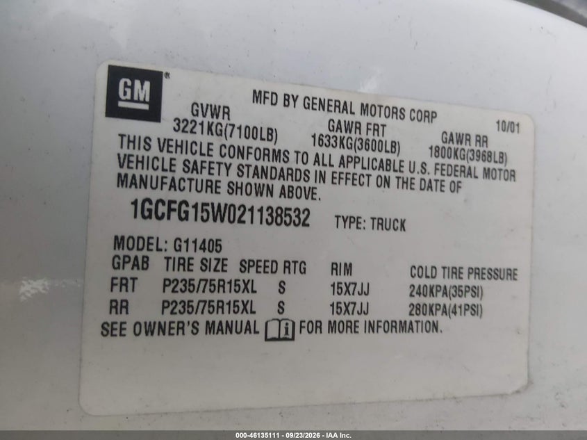 CHEVROLET EXPRESS 2002 VIN 1GCFG15W021138532