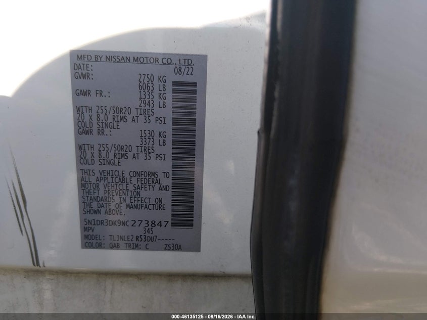 NISSAN PATHFINDER 2022 VIN 5N1DR3DK9NC273847