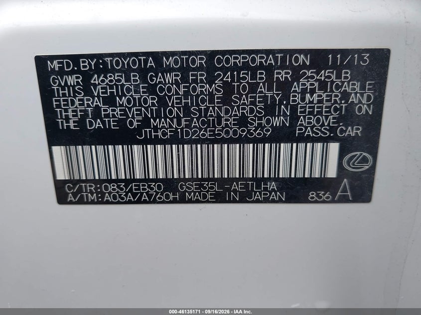 LEXUS IS 250 2014 VIN JTHCF1D26E5009369