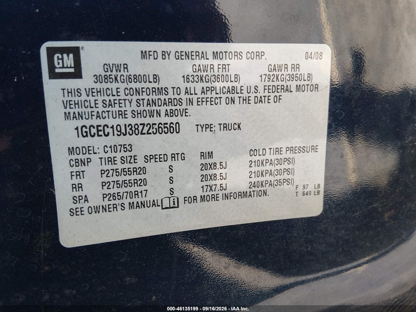 CHEVROLET SILVERADO 1500 2008 VIN 1GCEC19J38Z256560
