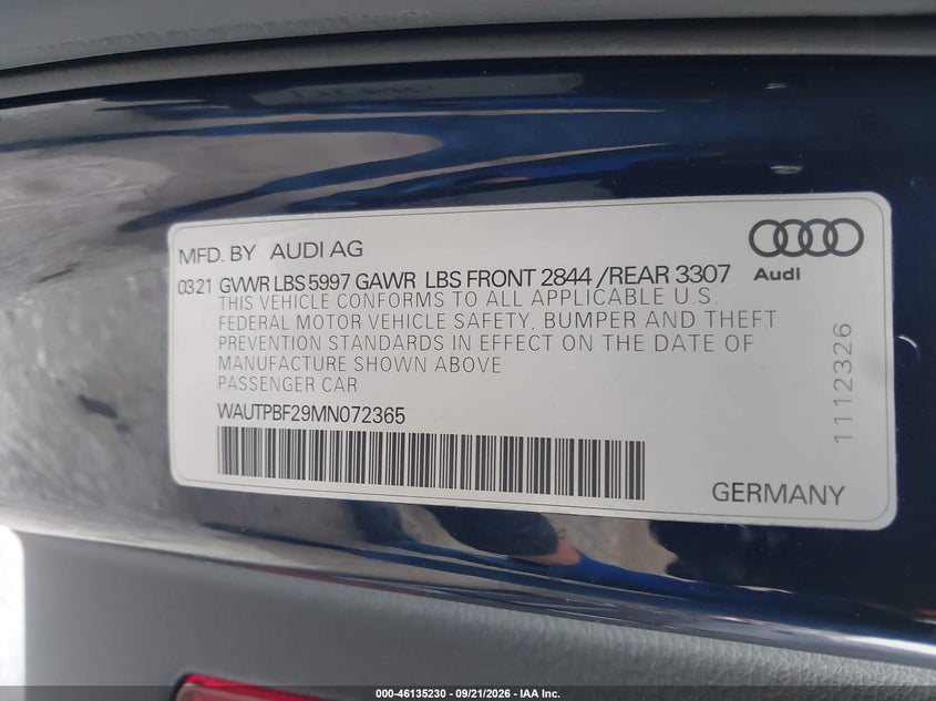 AUDI A7 SPORTBACK 2021 VIN WAUTPBF29MN072365