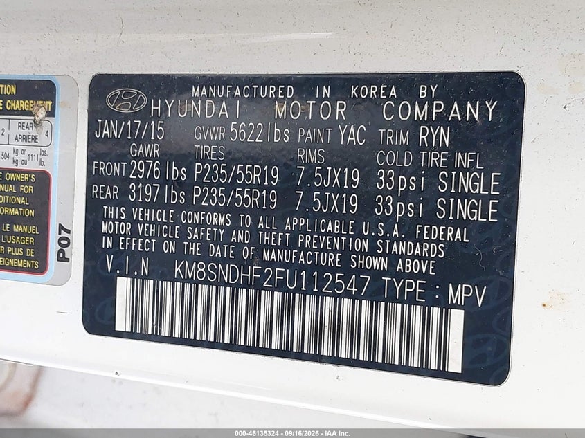 HYUNDAI SANTA FE 2015 VIN KM8SNDHF2FU112547