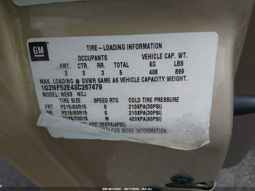 PONTIAC GRAND AM 2003 VIN 1G2NF52E43C267479