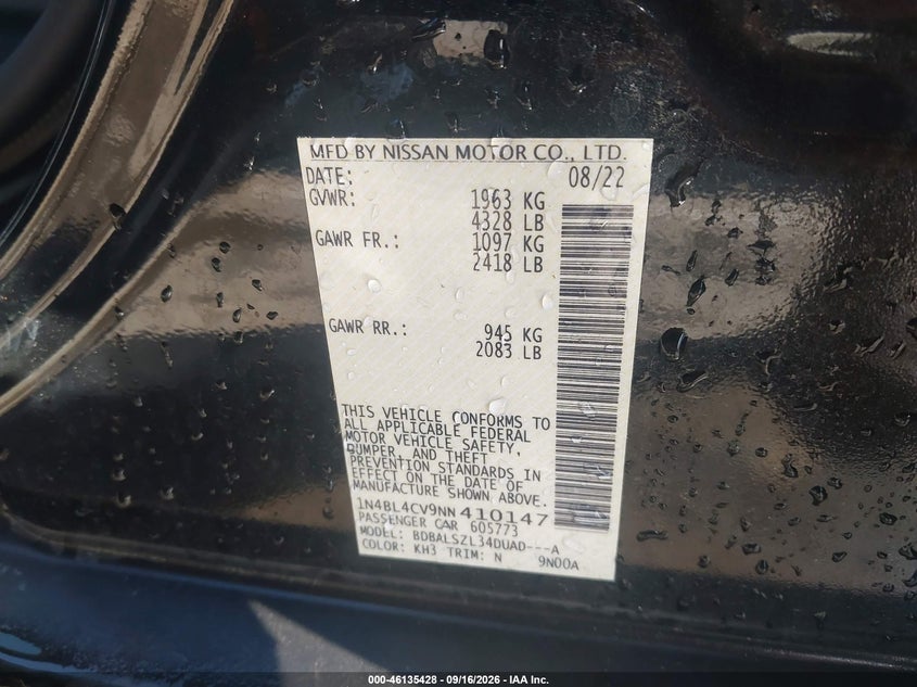 NISSAN ALTIMA 2022 VIN 1N4BL4CV9NN410147