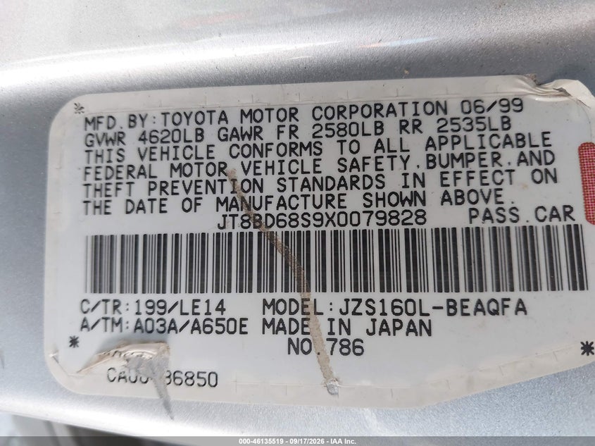 LEXUS GS 300 1999 VIN JT8BD68S9X0079828