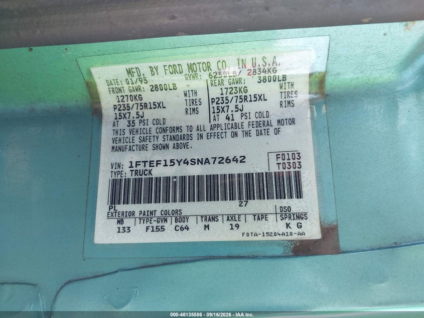 FORD F150 1995 VIN 1FTEF15Y4SNA72642