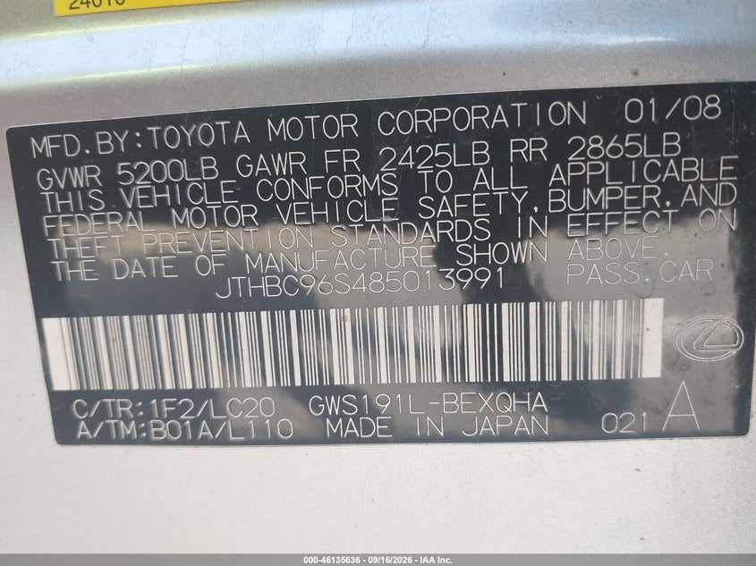 LEXUS GS 450H 2008 VIN JTHBC96S485013991