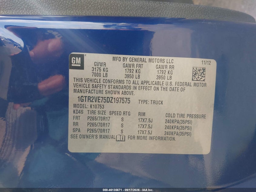 GMC SIERRA 1500 2013 VIN 1GTR2VE75DZ197575