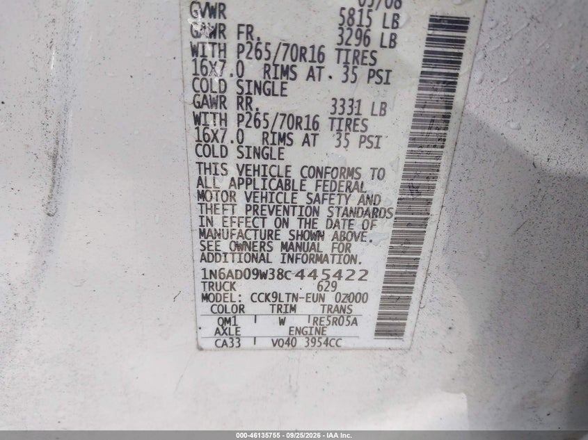 NISSAN FRONTIER 2008 VIN 1N6AD09W38C445422