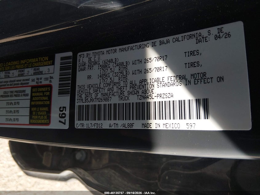 TOYOTA TACOMA 4WD 2026 VIN 3TMLB5JNXTM269087