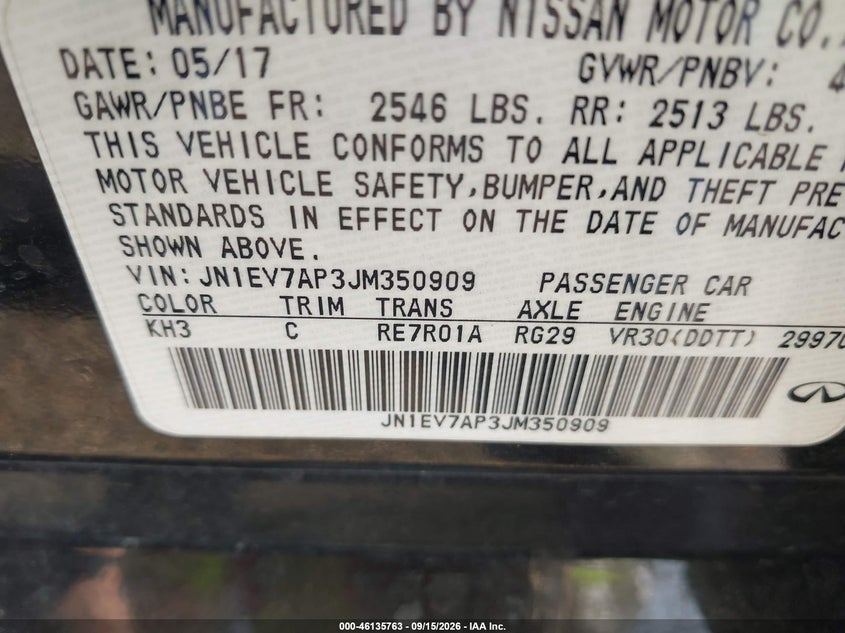 INFINITI Q50 2018 VIN JN1EV7AP3JM350909