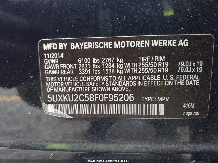 BMW X6 2015 VIN 5UXKU2C58F0F95206