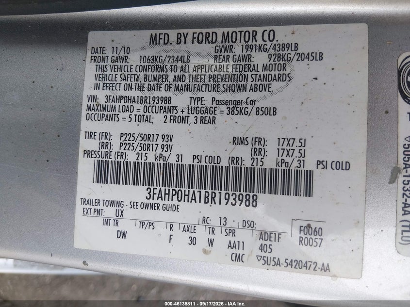 FORD FUSION 2011 VIN 3FAHP0HA1BR193988