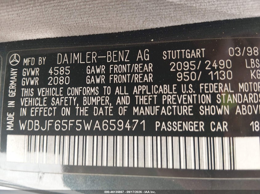 MERCEDES-BENZ E 320 1998 VIN WDBJF65F5WA659471
