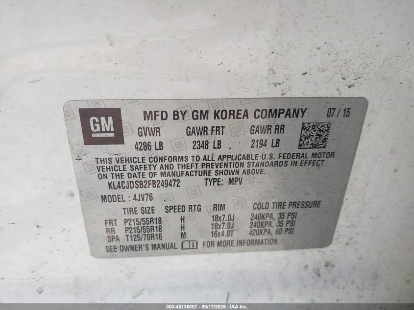 BUICK ENCORE 2015 VIN KL4CJDSB2FB249472