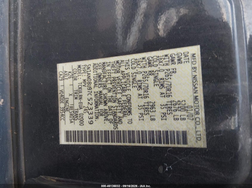 NISSAN XTERRA 2007 VIN 5N1AN08U97C523339