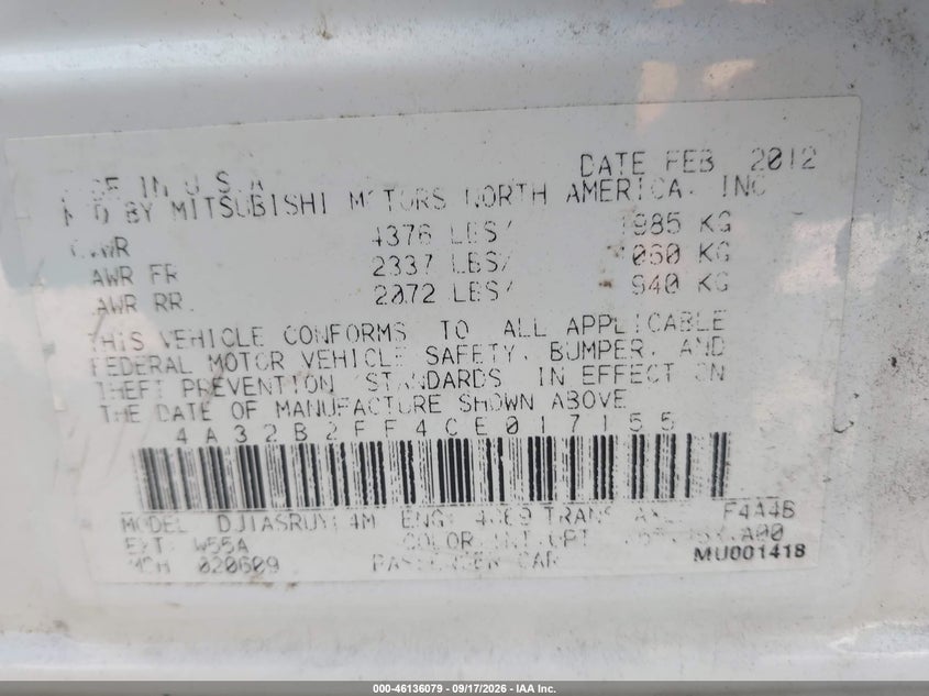 MITSUBISHI GALANT 2012 VIN 4A32B2FF4CE017155