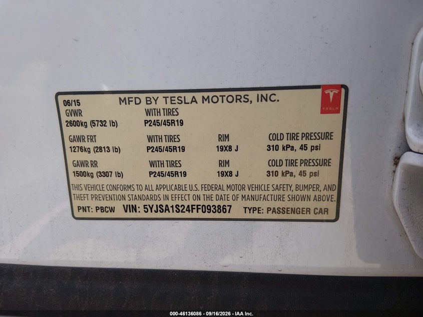 TESLA MODEL S 2015 VIN 5YJSA1S24FF093867