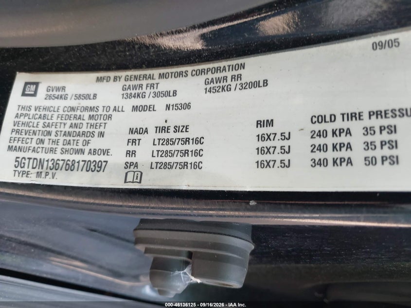 HUMMER H3 SUV 2006 VIN 5GTDN136768170397
