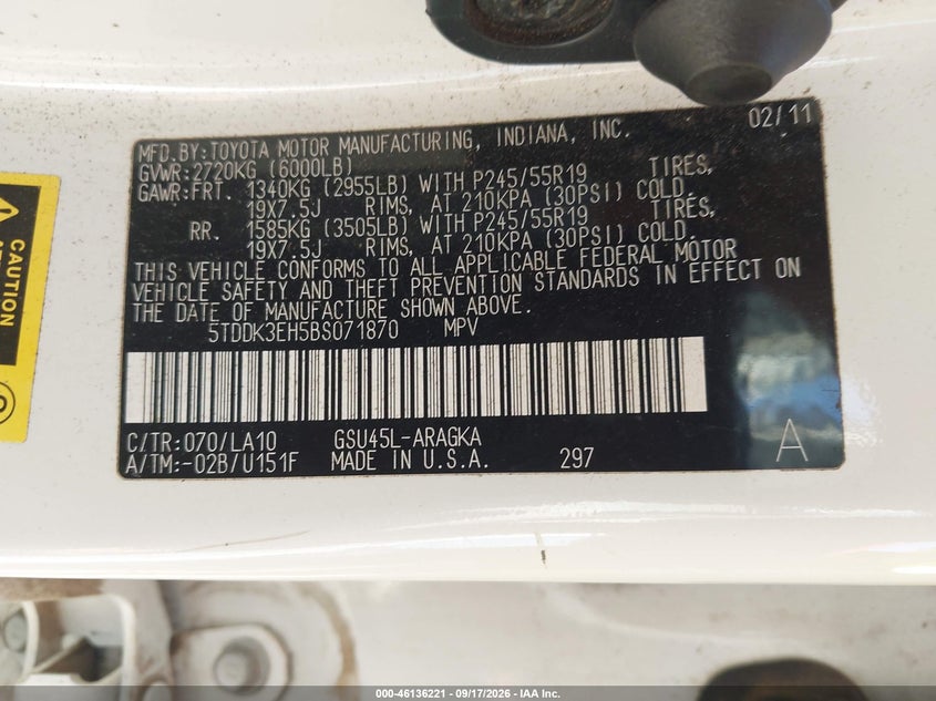 TOYOTA HIGHLANDER 2011 VIN 5TDDK3EH5BS071870
