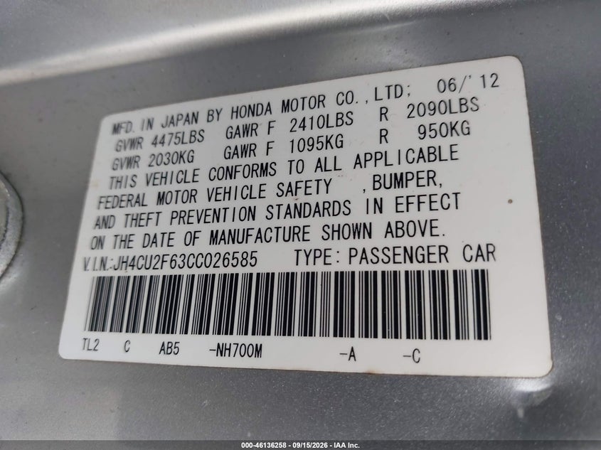 ACURA TSX 2012 VIN JH4CU2F63CC026585
