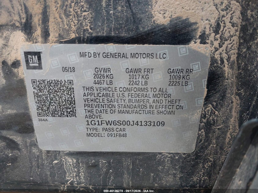 CHEVROLET BOLT EV 2018 VIN 1G1FW6S00J4133109