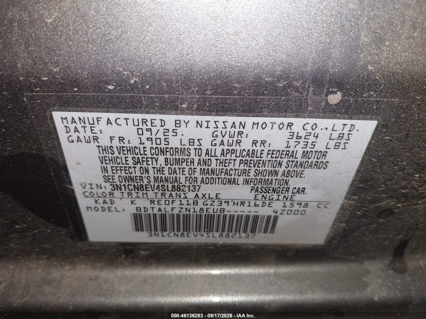 NISSAN VERSA 2025 VIN 3N1CN8EV4SL882137