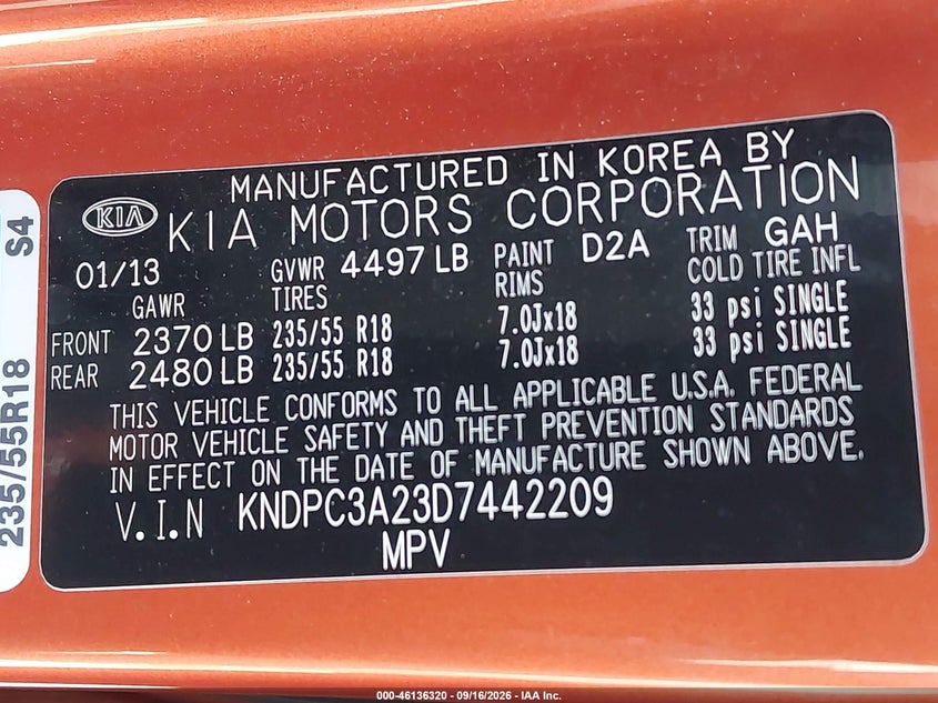 KIA SPORTAGE 2013 VIN KNDPC3A23D7442209