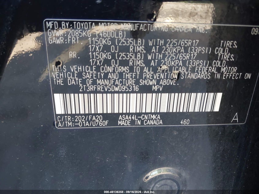 TOYOTA RAV4 2013 VIN 2T3RFREV5DW095316